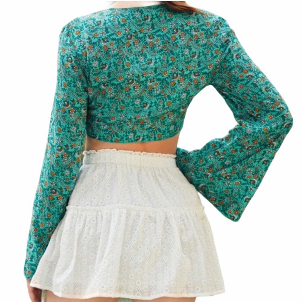 New Boho Floral Green & Orange Ditzy Bell Sleeve Tie Front Crop Kimono Top - Picture 15 of 16